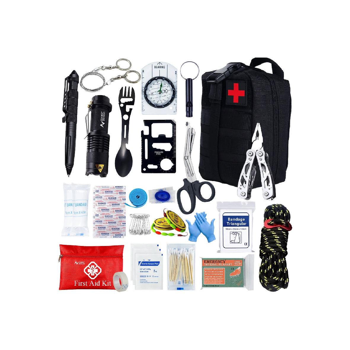 Noodpakket Basis – 24-delige Survival- en EHBO-kit in Waterdichte Tas – Compleet voor Outdoor, Nood & Rampen