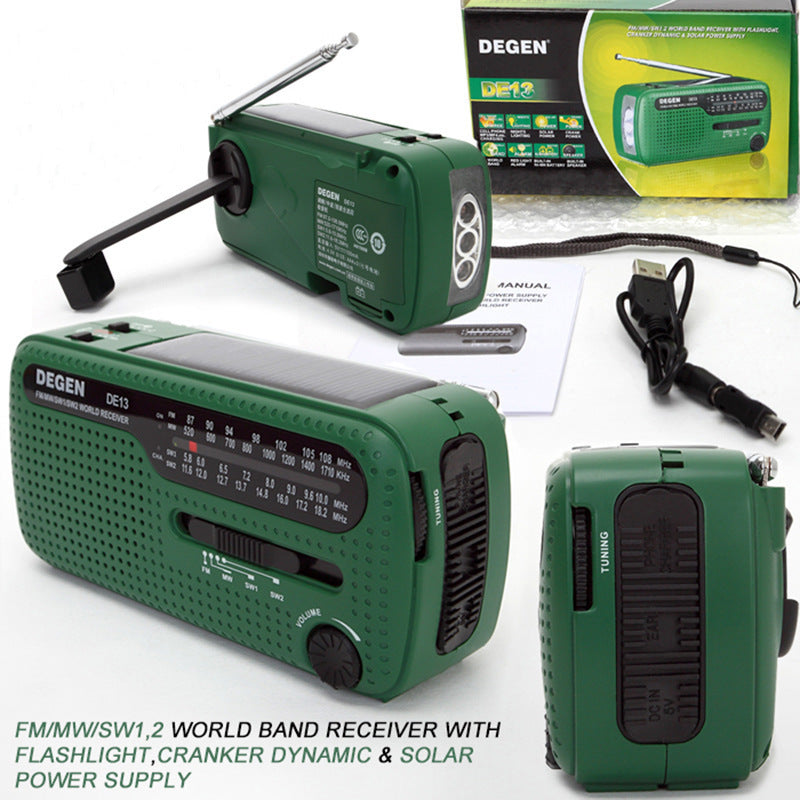 Draagbare Noodradio op Zonne-energie – Wereldbandradio met Handmatige Dynamo, Powerbank, Zaklamp & Alarmfunctie