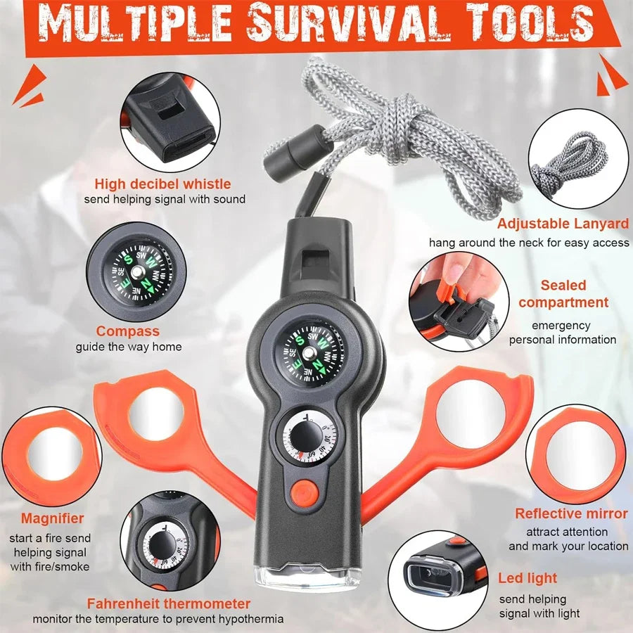 7-in-1 Noodfluit met LED Licht & Koord – Voor Survival, Kamperen & Outdoor