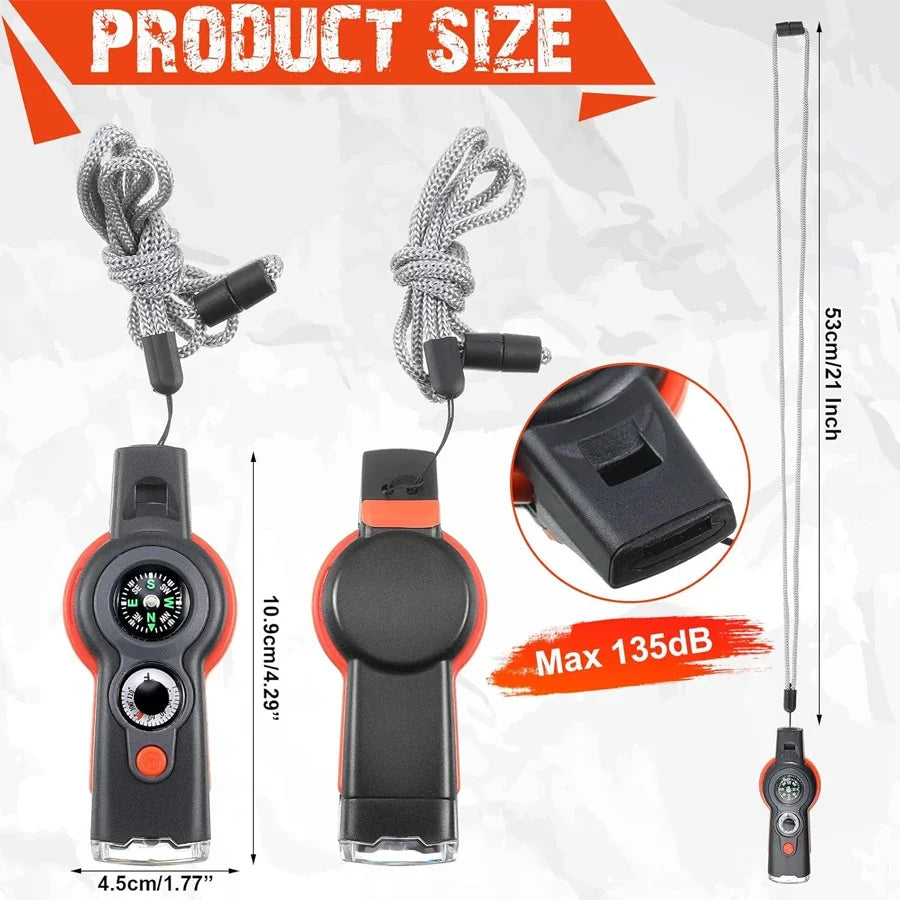 7-in-1 Noodfluit met LED Licht & Koord – Voor Survival, Kamperen & Outdoor